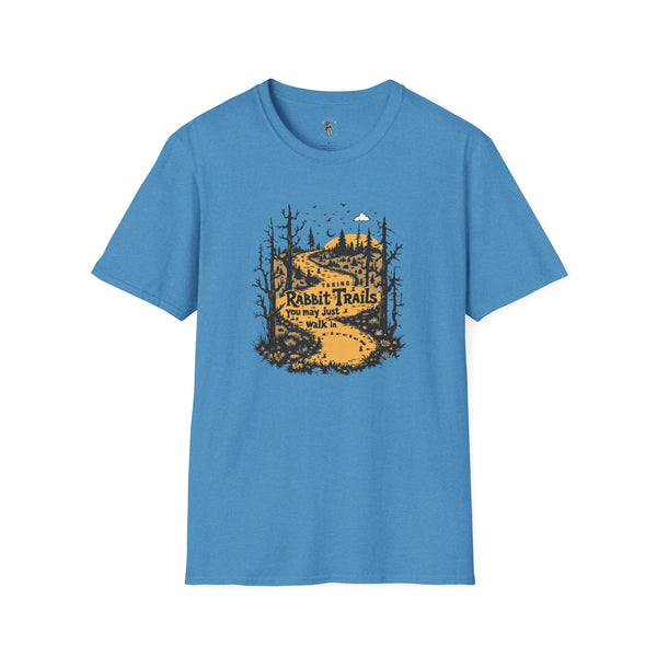 Blue softstyle T-shirt with “Rabbit Trails” outdoor forest and rabbit graphic