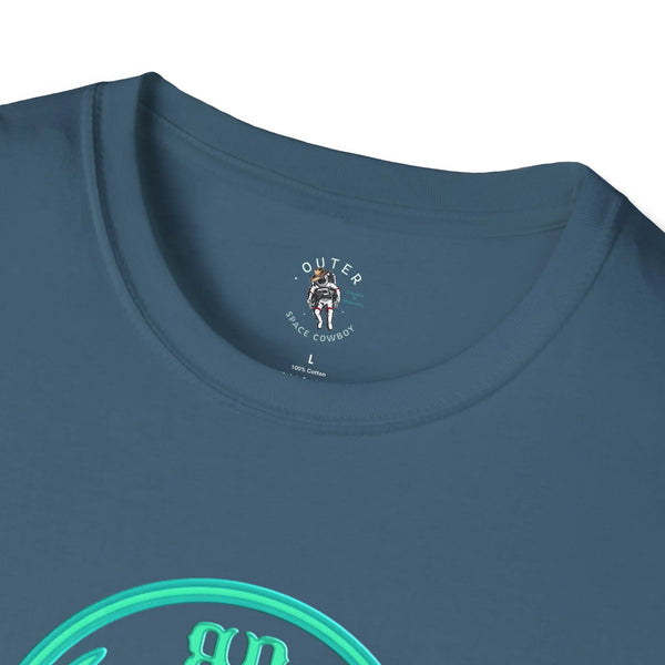 Indigo blue crew-neck T-shirt with small “Outer Space Cowboy” logo at chest