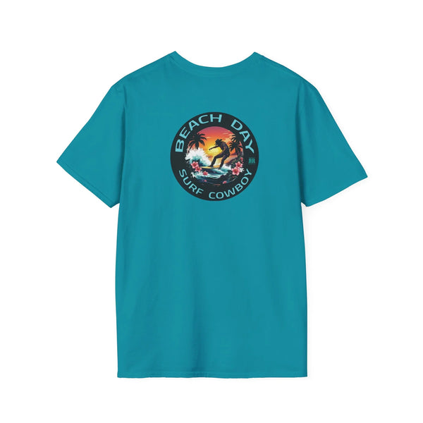 Men's teal T-shirt with circular Beach Day surf cowboy graphic on chest