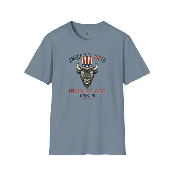 Men's western graphic t-shirt, steel blue with bison Uncle Sam-style emblem and text print