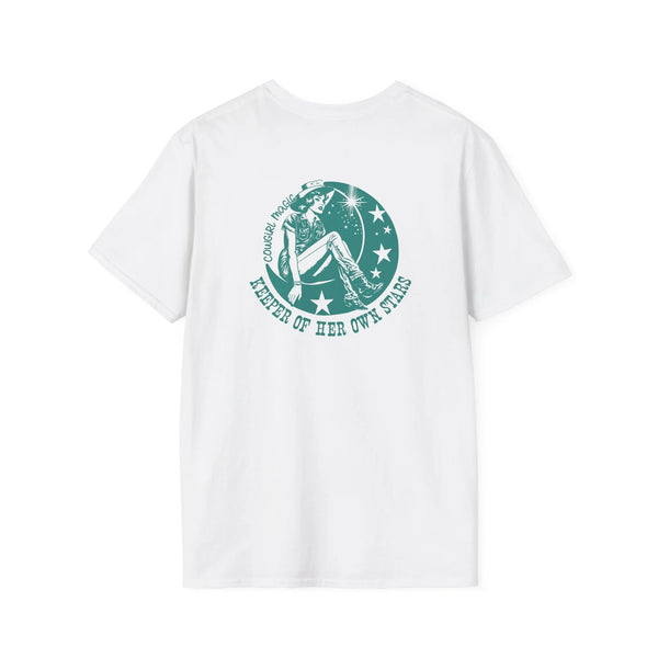 White crew-neck tee with large circular cowboy graphic on front