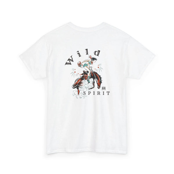 White crewneck T-shirt with centered back Western graphic and barbed wire text