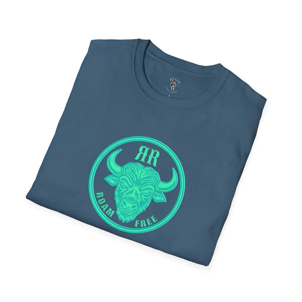 Indigo blue crew-neck T-shirt with neon green “AIRMAN FREE” bull graphic