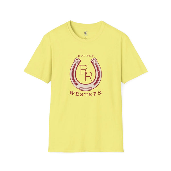 Yellow western horseshoe T-shirt with red Double R graphic and “WESTERN” text