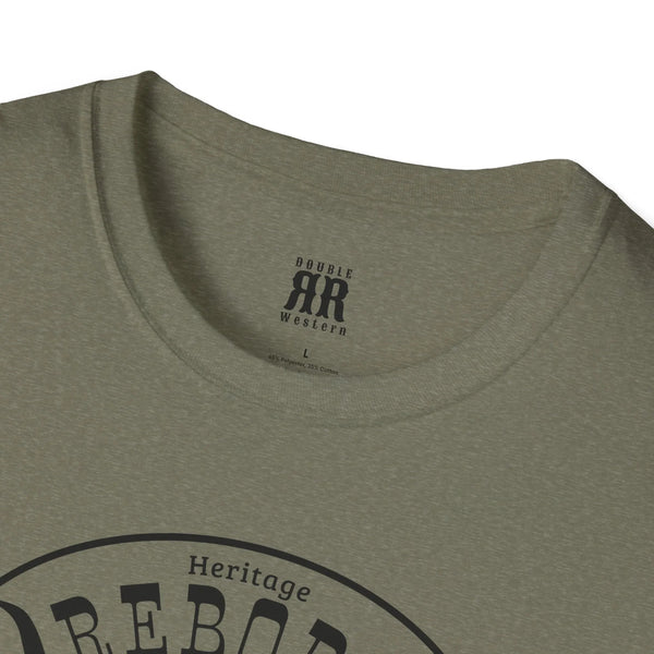 Olive green T-shirt with AR logo label at neckline and partial REBORN chest print