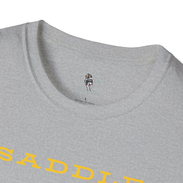 Heather grey T-shirt neckline with small rider logo; partial 'SADDLE' graphic