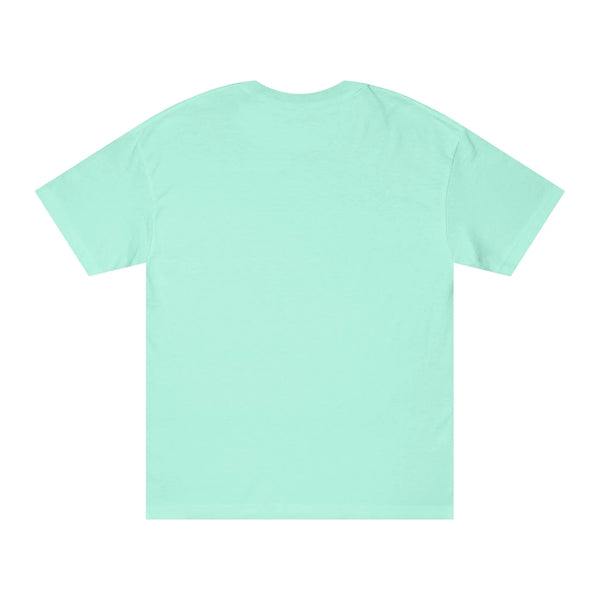 Women’s aqua crewneck tee, plain back.