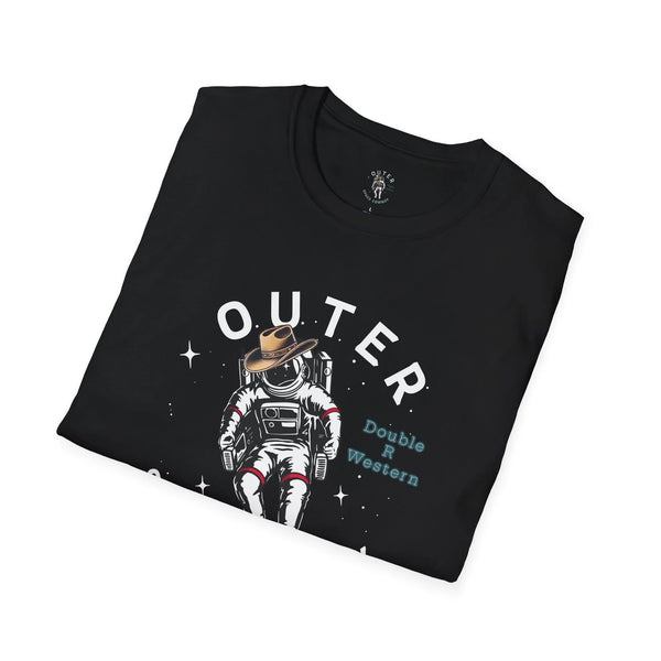 Black T-shirt featuring astronaut cowboy graphic with colorful lettering