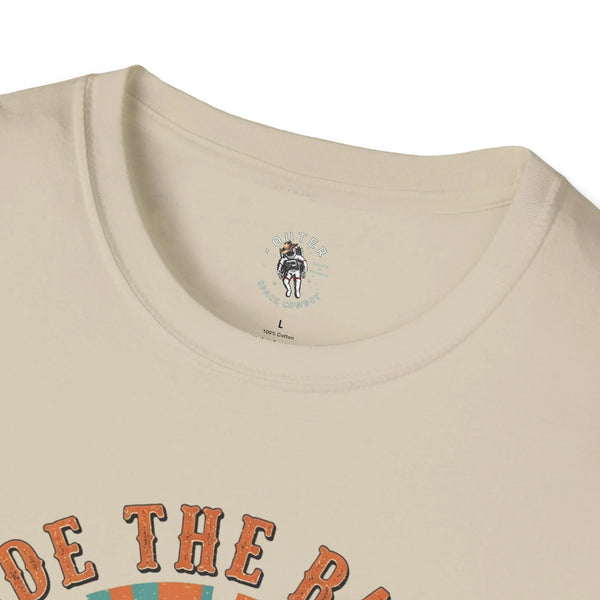 Beige crewneck t-shirt neckline with small round logo print