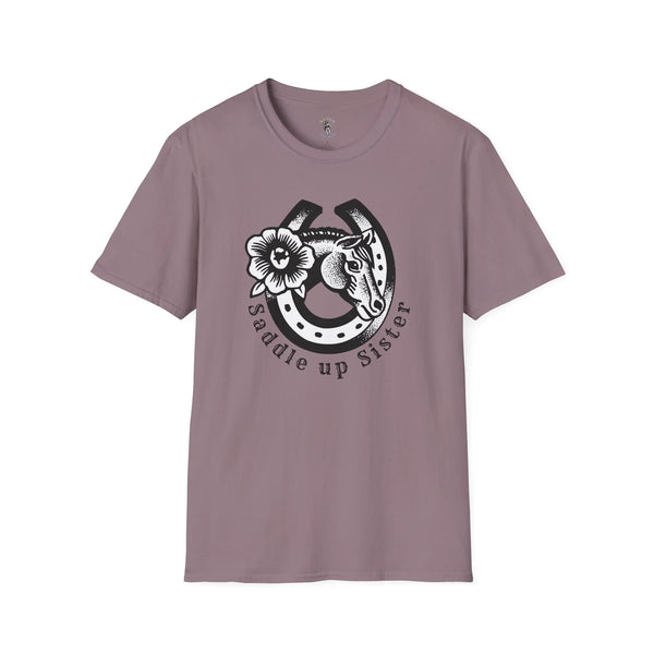 Mauve cowgirl graphic T-shirt with horseshoe-style portrait and flower on front
