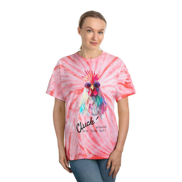 Coral tie-dye tee with rooster graphic and Cluck and find out text