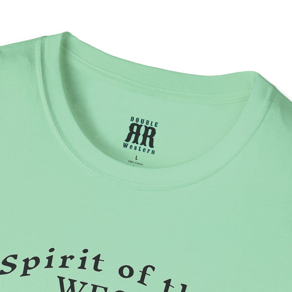 Spirit of the West Western Wear Graphic T-Shirt in Mint Green, neck label detail
