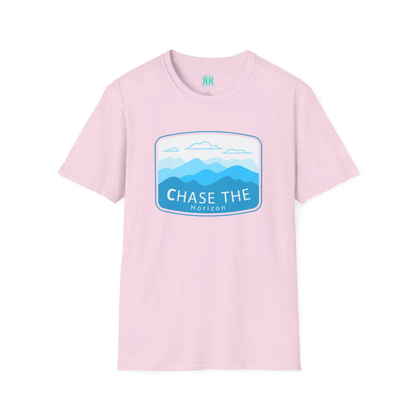 Light pink crew-neck western wear T-shirt with 'Chase the Horizon' landscape graphic