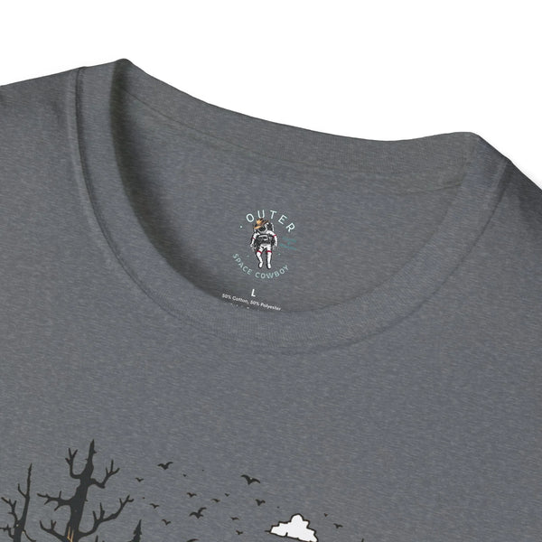 Gray heather crewneck T-shirt with astronaut logo and birds near hem