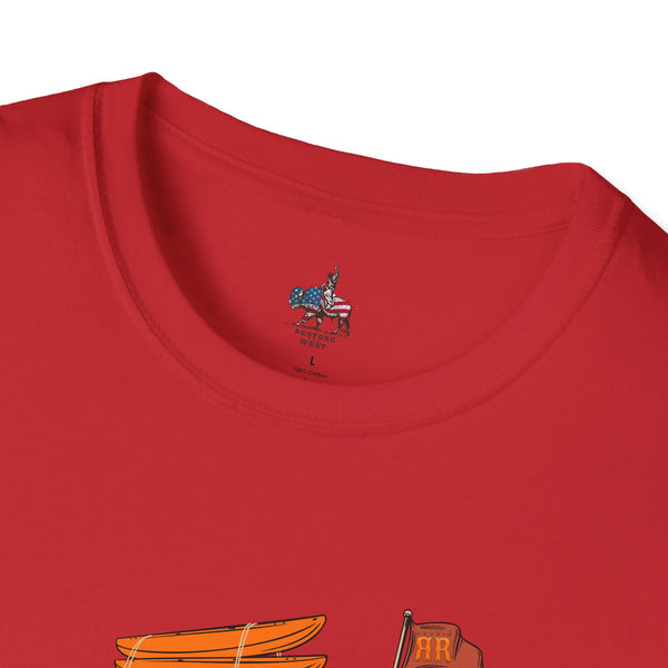 Red T-shirt with small western crest logo near collar