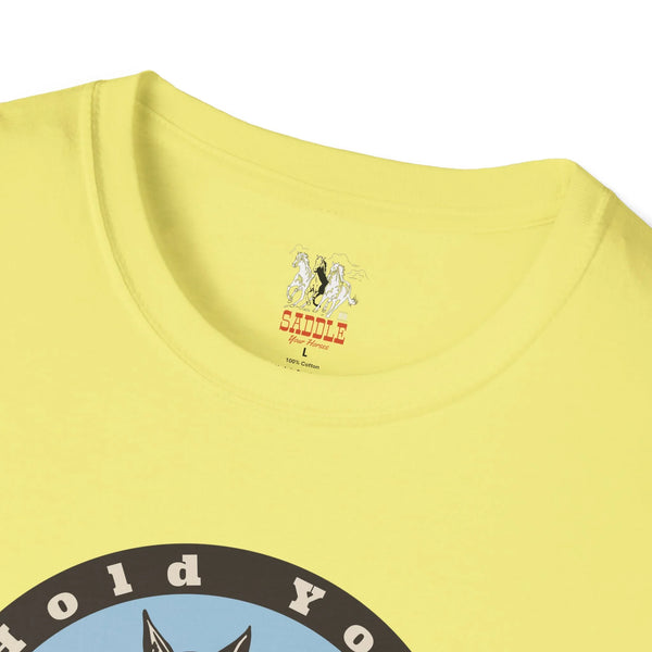 Yellow crew neck T-shirt with small chest logo and graphic