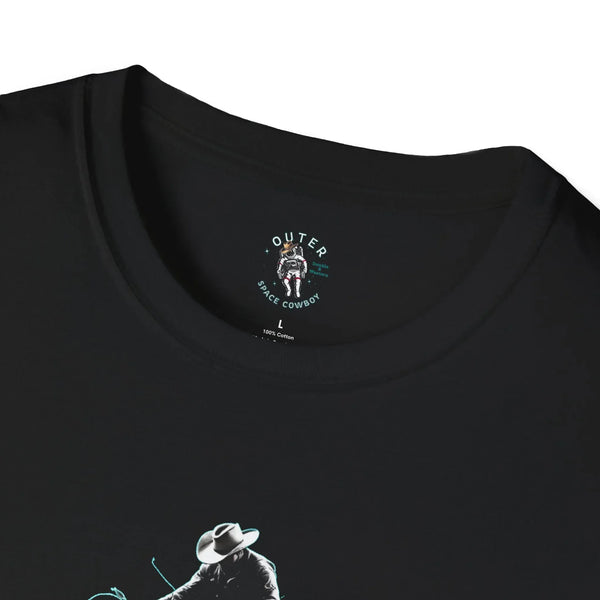 Black T-shirt neckline with circular Outer Space Cowboy emblem