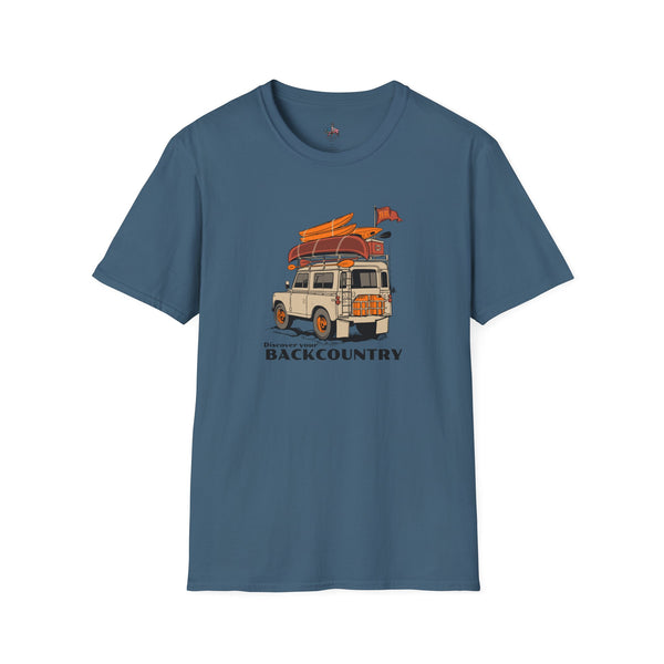 Blue short-sleeve T-shirt with front van and surf graphic print