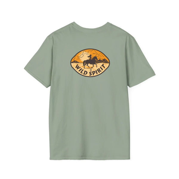 Sage green T-shirt with Wild Spirit horse graphic in oval print on back