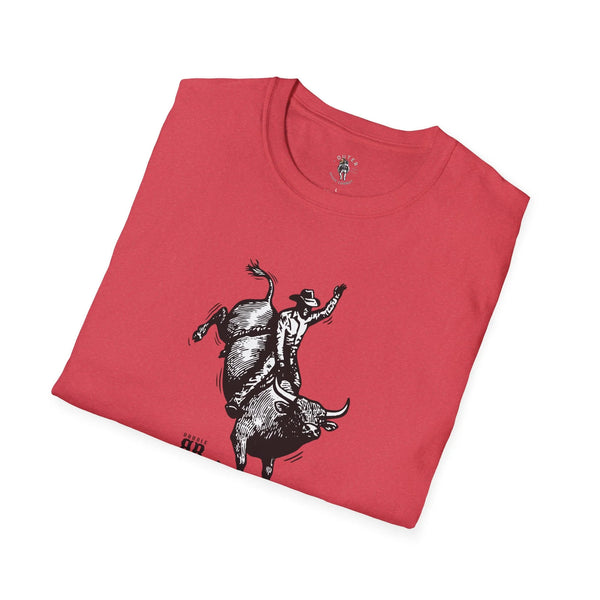 Heather red folded men’s western graphic T-shirt with cowboy illustration print