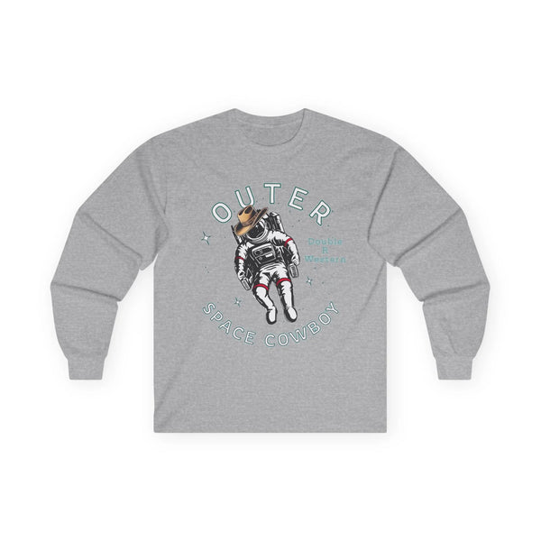 Medium gray long-sleeve graphic tee with cowboy astronaut and “Outer Space Cowboy” text.