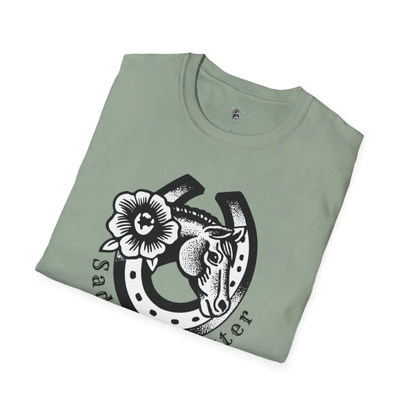 Green cowgirl graphic T-shirt with floral and horse head print