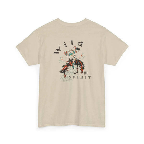 Light tan crewneck T-shirt with centered back Western graphic and barbed wire text
