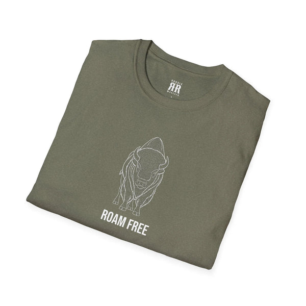 Olive green crewneck T-shirt with bison line art and 'ROAM FREE' text.