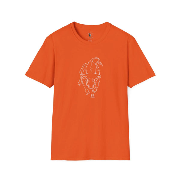 Orange short-sleeve graphic tee with line-art bull rider on the chest