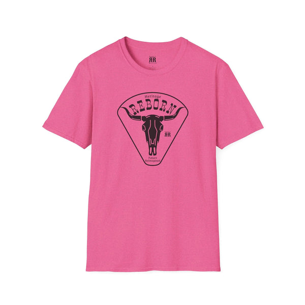 Heritage Reborn universal comfort tee, pink with Reborn bull logo graphic