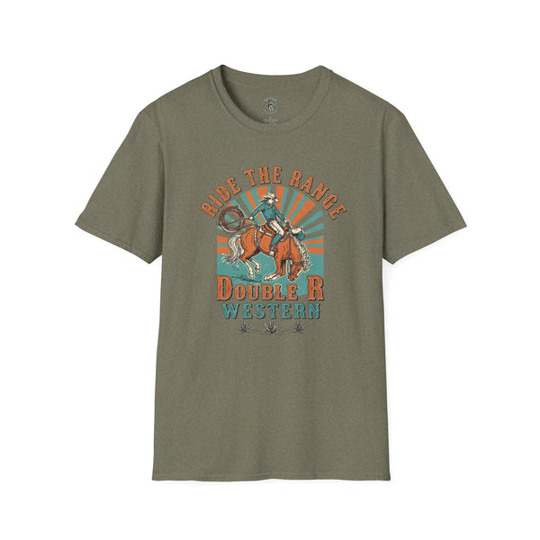 Heather military green western graphic T-shirt with cowboy on horseback and “Double R Western”