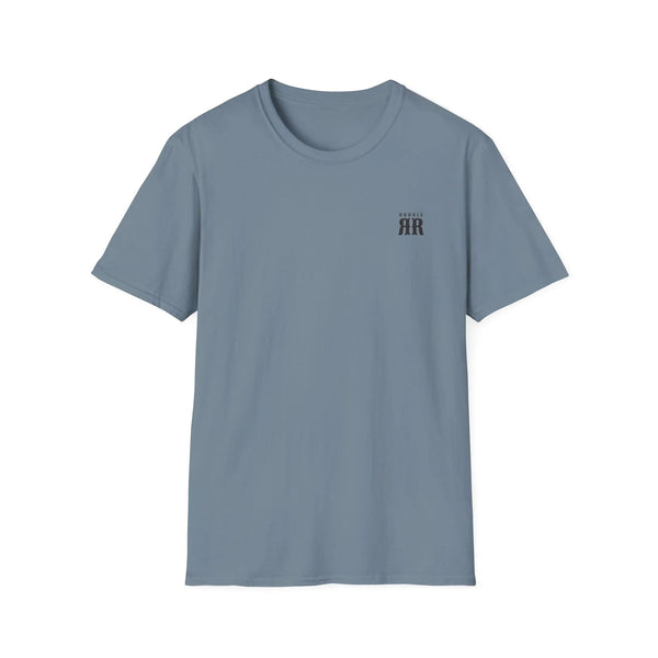 Stone blue crewneck tee with small HR logo on chest