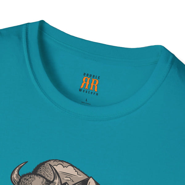 Tropical blue western wear T-shirt neck label, AR Western logo and 100% cotton