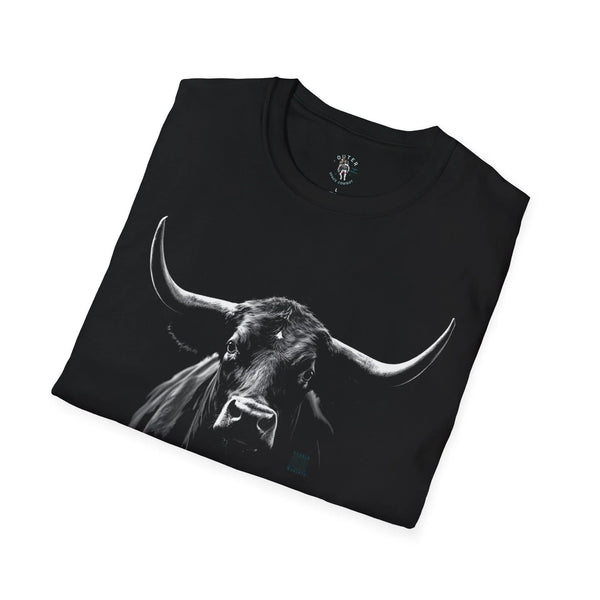 Black crewneck T-shirt with large bucking bull graphic across front