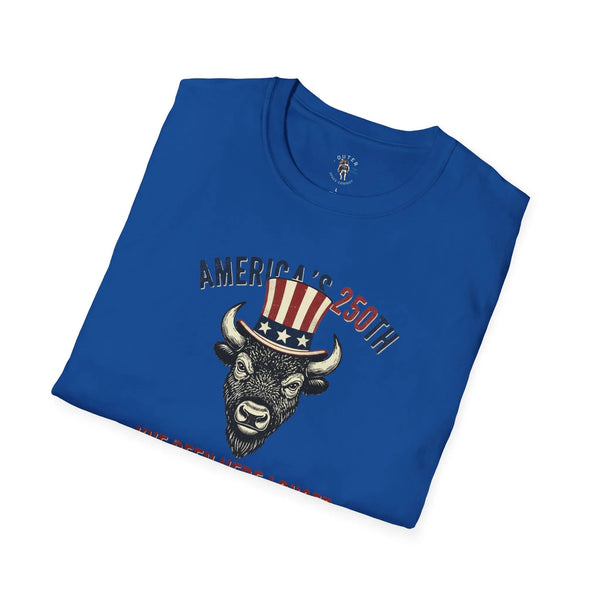 Royal blue T-shirt with “America’s 250th” and bison graphic on front