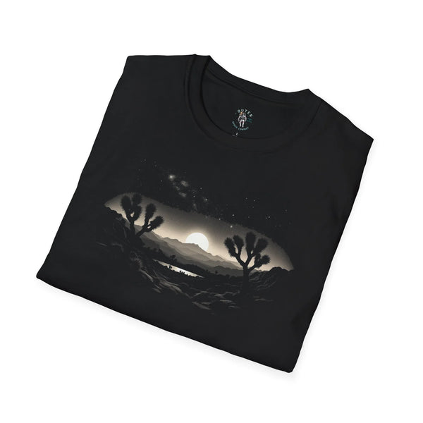 Black T-shirt with angled desert night landscape print and bright moon