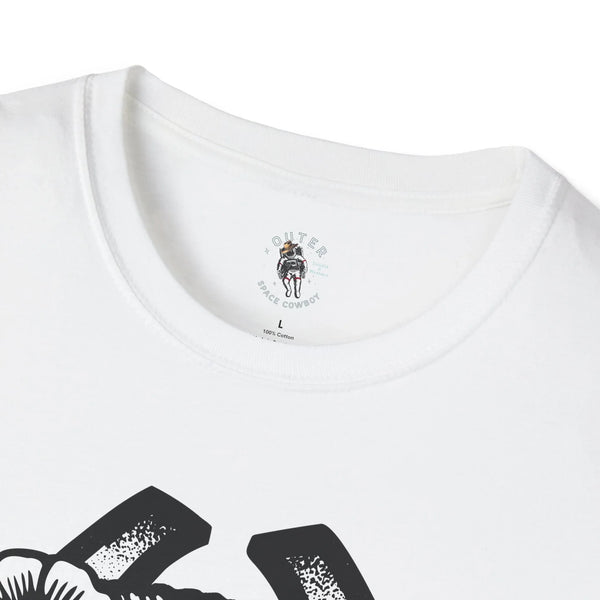 White cowgirl graphic T-shirt, crew neck and small chest logo