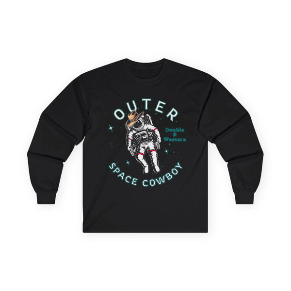 Black long-sleeve graphic tee with cowboy astronaut and “Outer Space Cowboy” text.