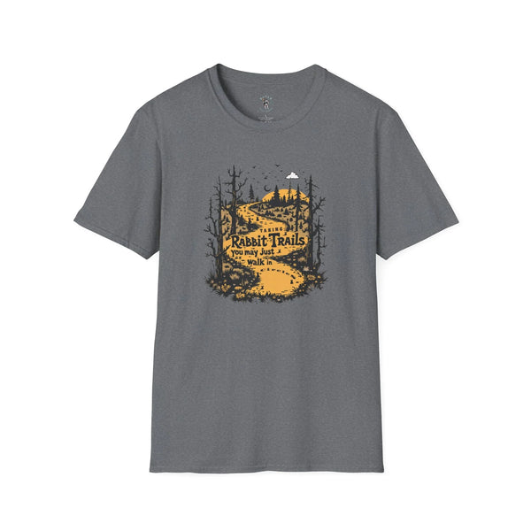 Graphite heather softstyle T-shirt with “Rabbit Trails” outdoor forest graphic