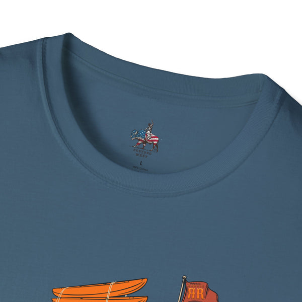 Blue crewneck T-shirt with small chest logo patch at neckline