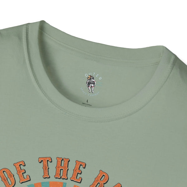 Sage western T-shirt back neckline with “Outer Space Cowboy” logo and “100% Cotton”