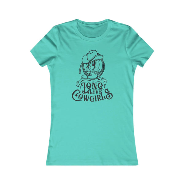 Teal graphic t-shirt with cowgirl hat and “LONG LIVE COWGIRLS” text