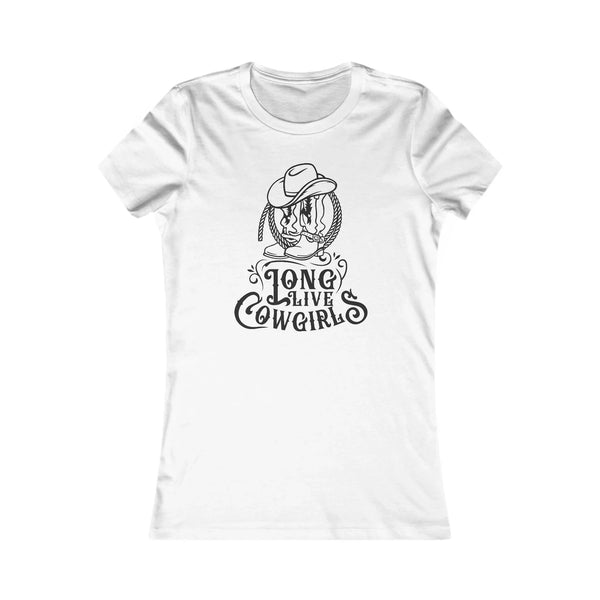 White graphic t-shirt with cowgirl hat and “LONG LIVE COWGIRLS” text