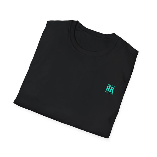 Black back graphic T-shirt with small teal logo on the upper right