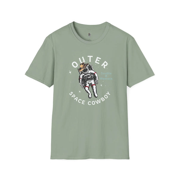 Sage green T-shirt with astronaut cowboy graphic on the chest