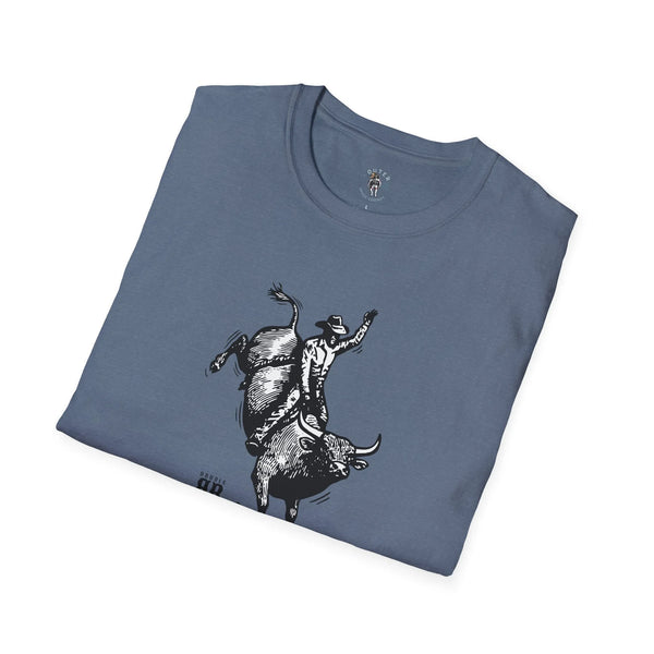 Men's western graphic T-shirt with large cowboy and bull head print, heather indigo