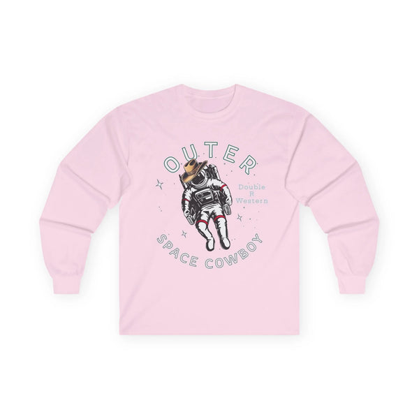 Light pink long-sleeve graphic tee with cowboy astronaut and “Outer Space Cowboy” text.