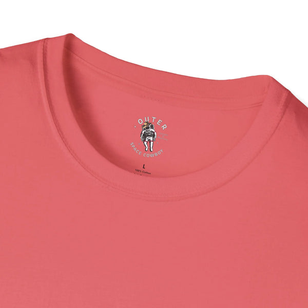 Men's heavy cotton tee in coral red with small robot graphic at crew neck