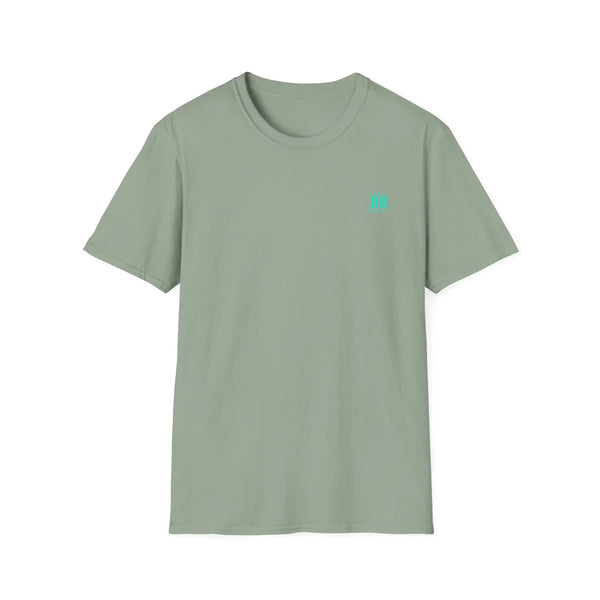 Sage crewneck tee with small turquoise chest logo