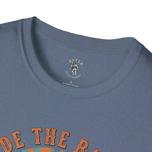 Heather indigo western T-shirt back neckline with small “Outer Space Cowboy” logo